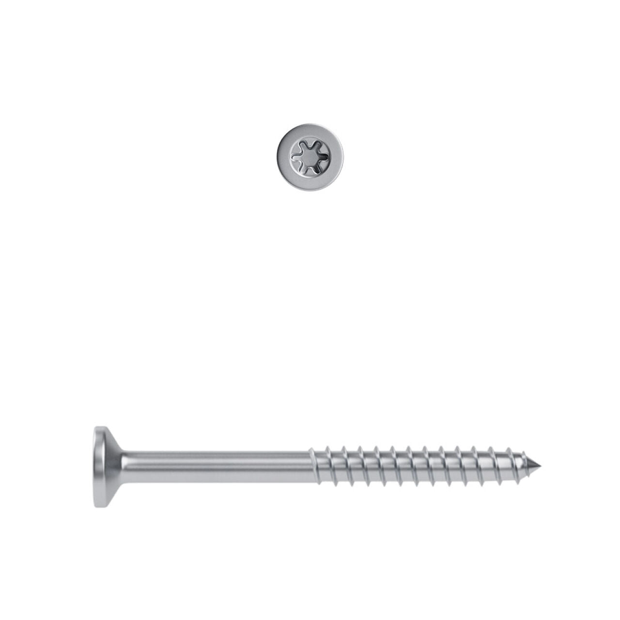 A 5 in. LedgerLOK Flathead screw (50/Pack) by Go Build, The Fastest Way To Build, is shown horizontally with a close-up of its star-shaped TORX drive—ideal as a lag replacement—against a white background.